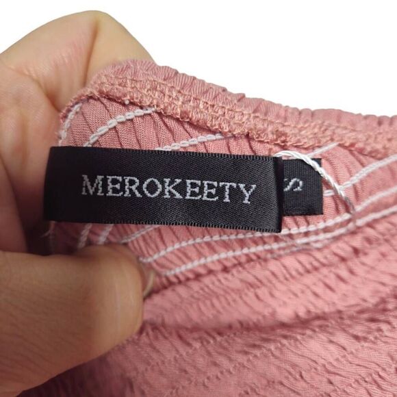 Merokeety Boho One Shoulder Side Split Tiered Smocked Midi Dress Size Small - Picture 8 of 9